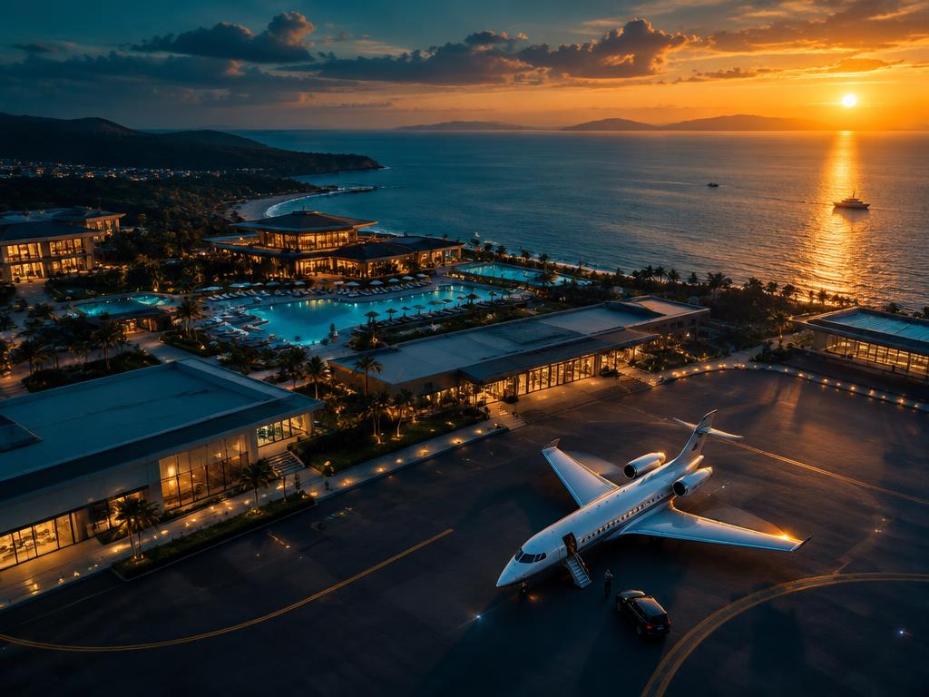 Aerial view of a coastal resort at golden hour